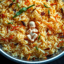 A close-up artistic depiction of a plate of biryani rice, showcasing its rich colors and intricate textures, with strands of saffron, green herbs, and spices