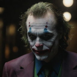 A hyper realistic 8k HD image of the Joker in a dark, mysterious setting. The details should be intricate and vivid.