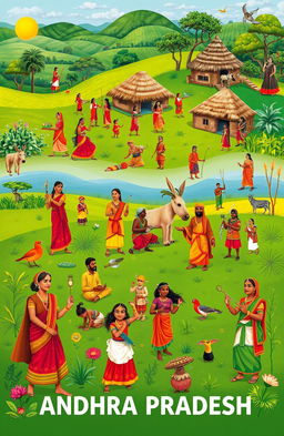 A vibrant scene depicting the diverse tribes of Andhra Pradesh, showcasing their traditional attire, unique cultural practices, and rich heritage