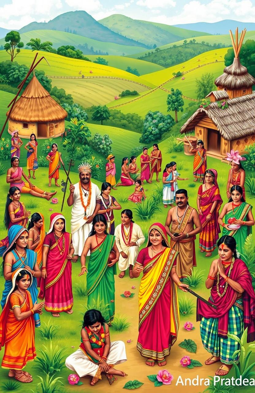 A vibrant scene depicting the diverse tribes of Andhra Pradesh, showcasing their traditional attire, unique cultural practices, and rich heritage