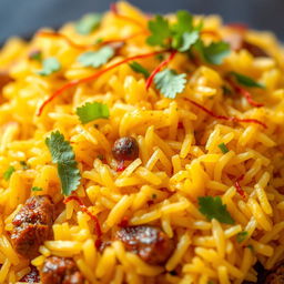 A highly detailed close-up of kuzhi mandi biryani, showcasing the vibrant layers of fragrant basmati rice mixed with tender, spiced meats, garnished with fresh herbs and saffron strands
