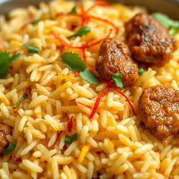 A highly detailed close-up of kuzhi mandi biryani, showcasing the vibrant layers of fragrant basmati rice mixed with tender, spiced meats, garnished with fresh herbs and saffron strands