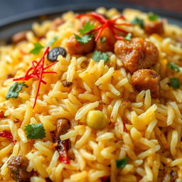 A highly detailed close-up of kuzhi mandi biryani, showcasing the vibrant layers of fragrant basmati rice mixed with tender, spiced meats, garnished with fresh herbs and saffron strands