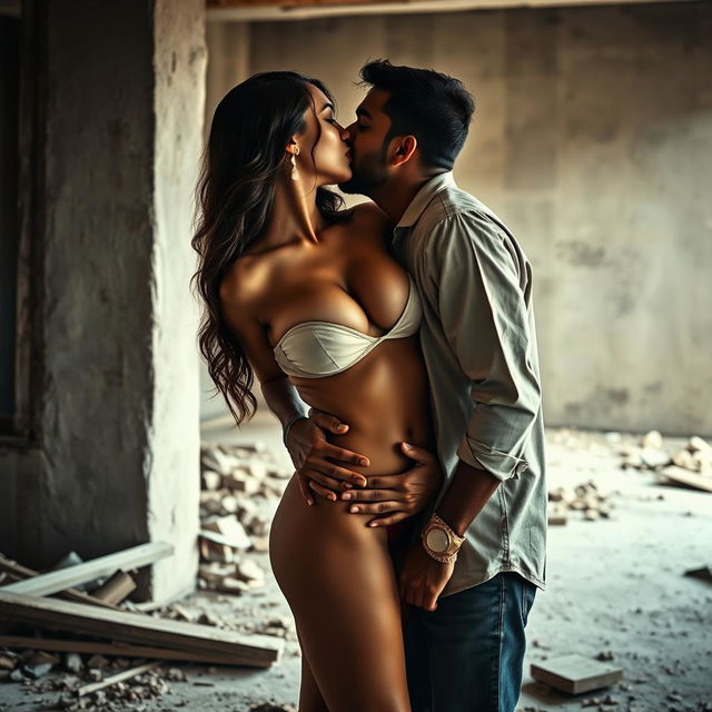 A sultry Pakistani woman expressing deep passion as she and a humble Indian man share an intimate moment amidst the construction site of a building