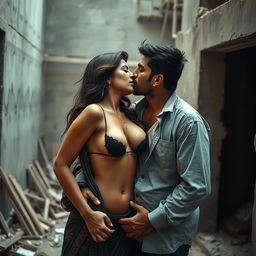 A sultry Pakistani woman expressing deep passion as she and a humble Indian man share an intimate moment amidst the construction site of a building