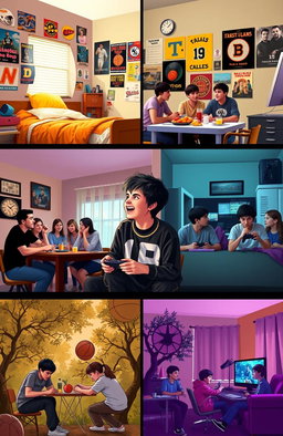 A day in the life of an average teenage boy, showcasing a casual morning routine with a vibrant bedroom filled with posters of his favorite bands and sports teams