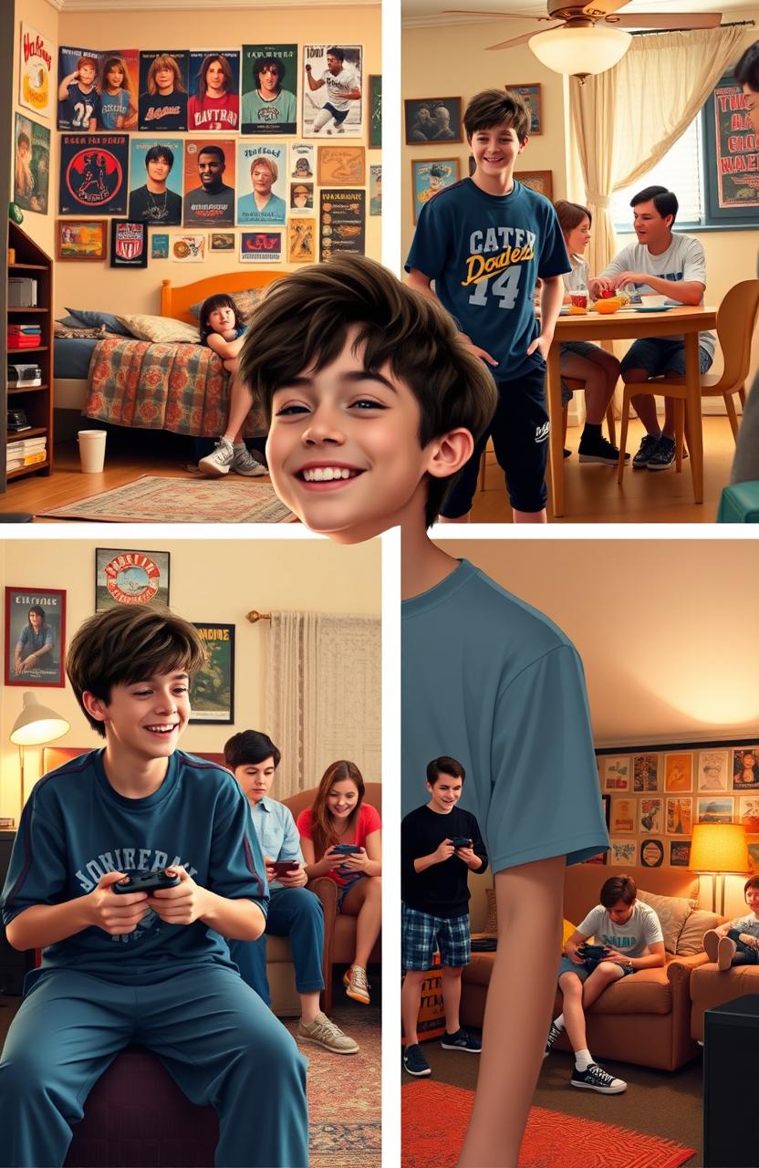 A day in the life of an average teenage boy, showcasing a casual morning routine with a vibrant bedroom filled with posters of his favorite bands and sports teams