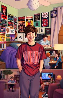A day in the life of an average teenage boy, showcasing a casual morning routine with a vibrant bedroom filled with posters of his favorite bands and sports teams