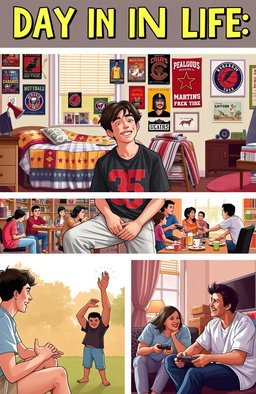 A day in the life of an average teenage boy, showcasing a casual morning routine with a vibrant bedroom filled with posters of his favorite bands and sports teams