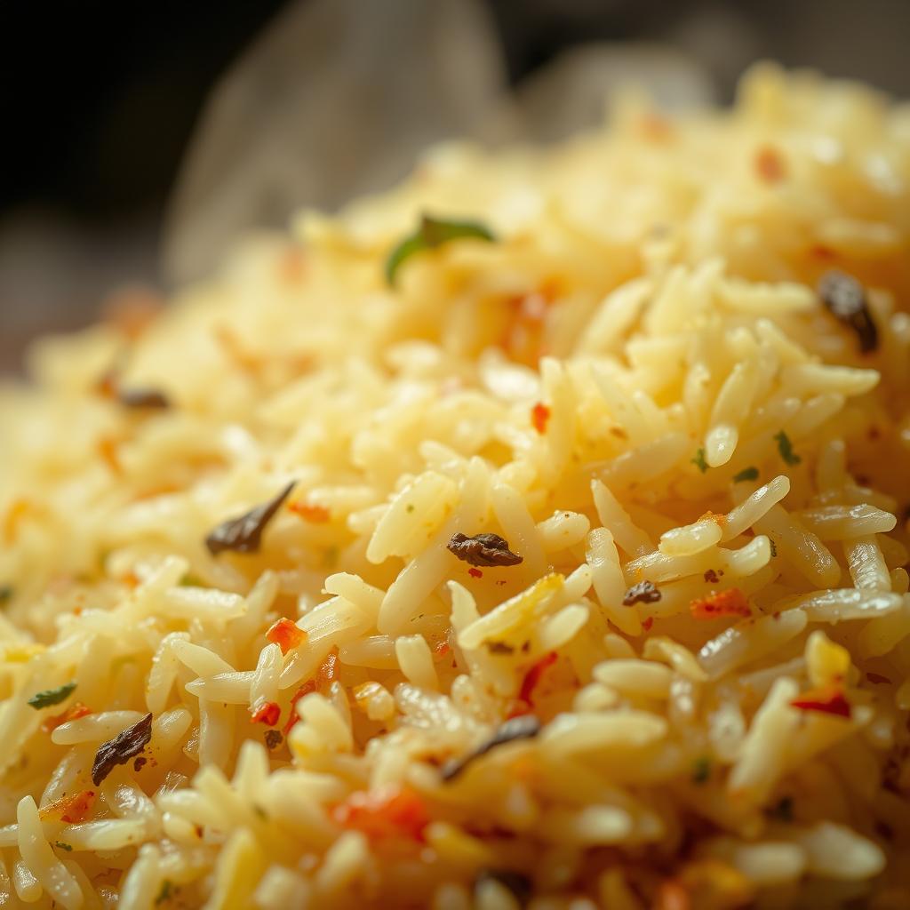 An extreme close-up of kuzhi mandi biryani rice, showcasing the delicate grains perfectly cooked and fluffy, with vibrant spices and herbs visible throughout