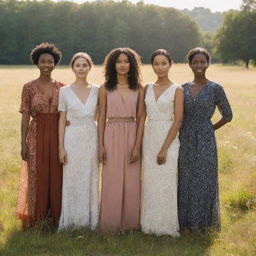 Elegant, courageous women of various ethnicities and backgrounds standing proudly in a sunlit meadow