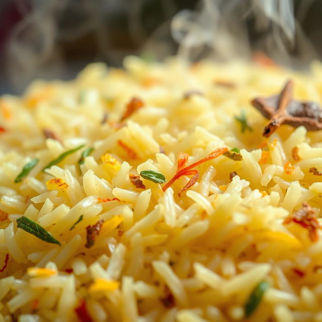 An extreme close-up of kuzhi mandi biryani rice, showcasing the delicate grains perfectly cooked and fluffy, with vibrant spices and herbs visible throughout