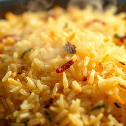 An extreme close-up of kuzhi mandi biryani rice, showcasing the delicate grains perfectly cooked and fluffy, with vibrant spices and herbs visible throughout