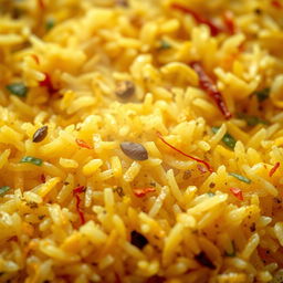 An extreme close-up of kuzhi mandi biryani rice, showcasing the delicate grains perfectly cooked and fluffy, with vibrant spices and herbs visible throughout
