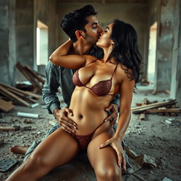 A sultry Pakistani woman exuding allure, engaging in a passionate kiss with an Indian man on the rough floor of a partially constructed building