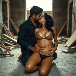 A sultry Pakistani woman exuding allure, engaging in a passionate kiss with an Indian man on the rough floor of a partially constructed building