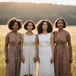 Elegant, courageous women of various ethnicities and backgrounds standing proudly in a sunlit meadow