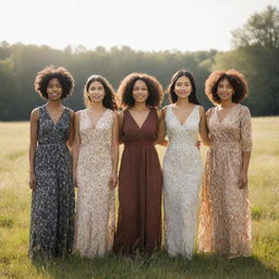 Elegant, courageous women of various ethnicities and backgrounds standing proudly in a sunlit meadow