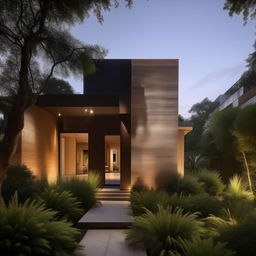 Generate a visually striking and architectural exterior of a modern house with a blend of clean lines, natural materials, lush greenery, and contemporary aesthetics.