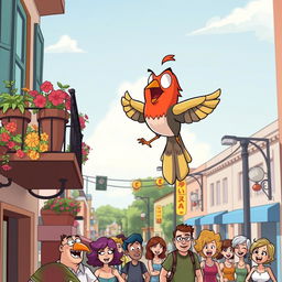 A humorous scene depicting a cartoonish bird perched on a balcony, joyfully pooping over the edge