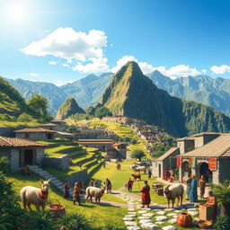 An illustration of an Inca civilization scene showcasing a vibrant marketplace with colorful textiles and goods being traded