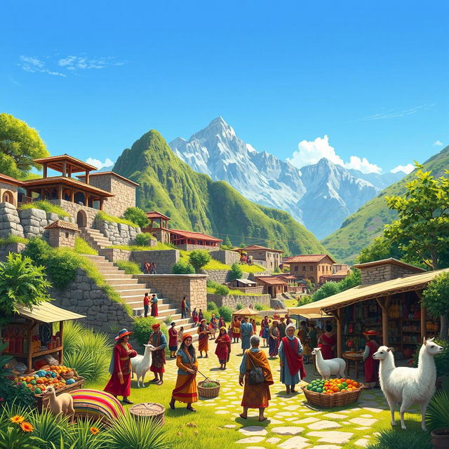 An illustration of an Inca civilization scene showcasing a vibrant marketplace with colorful textiles and goods being traded