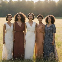 Elegant, courageous women of various ethnicities and backgrounds standing proudly in a sunlit meadow