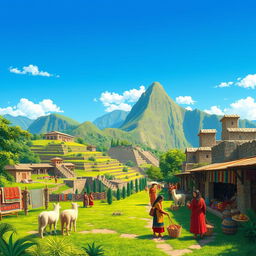 An illustration of an Inca civilization scene showcasing a vibrant marketplace with colorful textiles and goods being traded