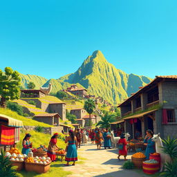 An illustration of an Inca civilization scene showcasing a vibrant marketplace with colorful textiles and goods being traded