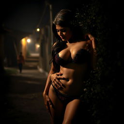 A sultry Pakistani woman immersing herself in a passionate encounter with an older man in the shadows of bushes alongside a dimly lit street in a quaint village