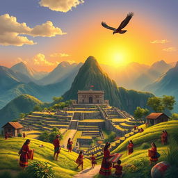 A vibrant and detailed illustration of the Inca civilization, showcasing the majestic Andes mountains in the background with terraced agricultural fields leading up to a grand temple made of stone