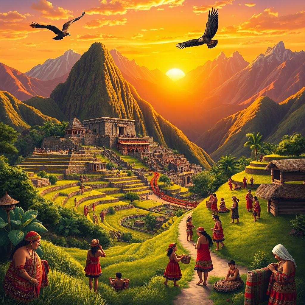 A vibrant and detailed illustration of the Inca civilization, showcasing the majestic Andes mountains in the background with terraced agricultural fields leading up to a grand temple made of stone