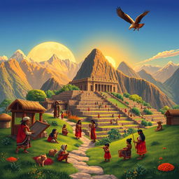 A vibrant and detailed illustration of the Inca civilization, showcasing the majestic Andes mountains in the background with terraced agricultural fields leading up to a grand temple made of stone