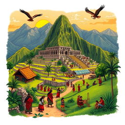 A vibrant and detailed illustration of the Inca civilization, showcasing the majestic Andes mountains in the background with terraced agricultural fields leading up to a grand temple made of stone