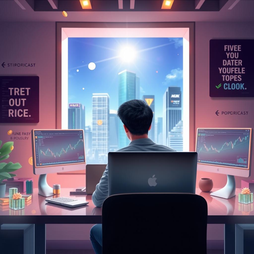 A creative and inspiring digital artwork depicting a young entrepreneur sitting at a modern workspace with a sleek laptop and multiple screens displaying graphs and stock market trends