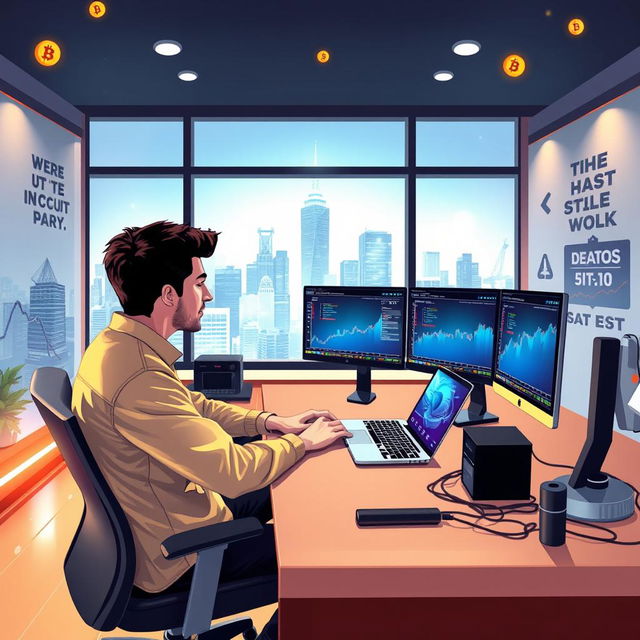 A creative and inspiring digital artwork depicting a young entrepreneur sitting at a modern workspace with a sleek laptop and multiple screens displaying graphs and stock market trends