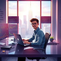 A creative and inspiring digital artwork depicting a young entrepreneur sitting at a modern workspace with a sleek laptop and multiple screens displaying graphs and stock market trends