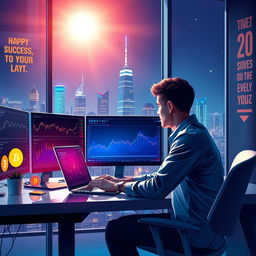 A creative and inspiring digital artwork depicting a young entrepreneur sitting at a modern workspace with a sleek laptop and multiple screens displaying graphs and stock market trends