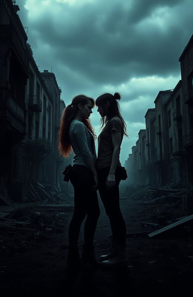 In a hauntingly beautiful zombie apocalypse setting, two teenage girls stand together, their shadows cast against a desolate urban backdrop