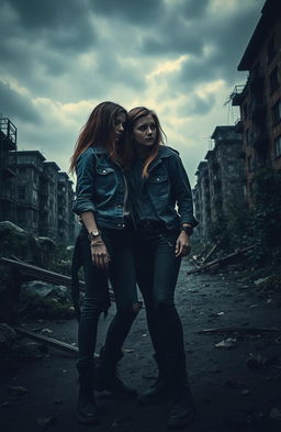 In a hauntingly beautiful zombie apocalypse setting, two teenage girls stand together, their shadows cast against a desolate urban backdrop
