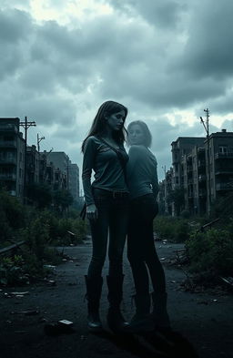 In a hauntingly beautiful zombie apocalypse setting, two teenage girls stand together, their shadows cast against a desolate urban backdrop