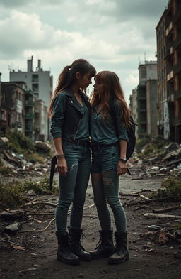 In a hauntingly beautiful zombie apocalypse setting, two teenage girls stand together, their shadows cast against a desolate urban backdrop