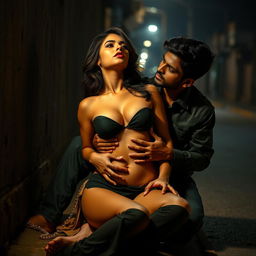 A sultry Pakistani woman sitting on the side of a dimly lit road, leaning back against a weathered wall