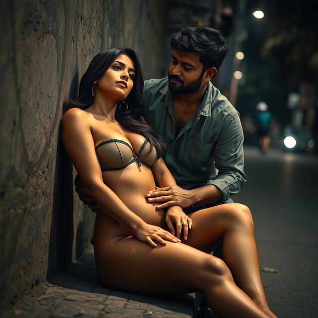 A sultry Pakistani woman sitting on the side of a dimly lit road, leaning back against a weathered wall