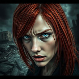 A striking portrait of a red-haired young woman with piercing blue eyes, showing only the left half of her face
