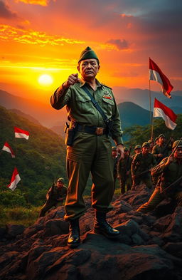 A dramatic portrayal of General Sudirman during the Indonesian National Revolution, standing tall and determined on a mountainous battlefield, wearing military fatigues and a traditional cap, embodying the spirit of resistance