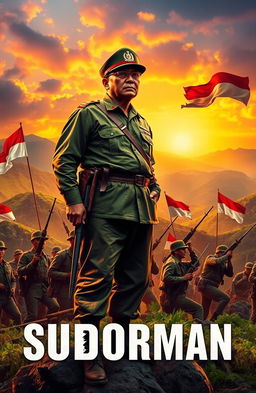 A dramatic portrayal of General Sudirman during the Indonesian National Revolution, standing tall and determined on a mountainous battlefield, wearing military fatigues and a traditional cap, embodying the spirit of resistance