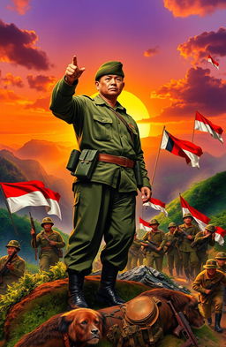 A dramatic portrayal of General Sudirman during the Indonesian National Revolution, standing tall and determined on a mountainous battlefield, wearing military fatigues and a traditional cap, embodying the spirit of resistance