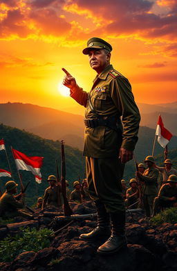 A dramatic portrayal of General Sudirman during the Indonesian National Revolution, standing tall and determined on a mountainous battlefield, wearing military fatigues and a traditional cap, embodying the spirit of resistance