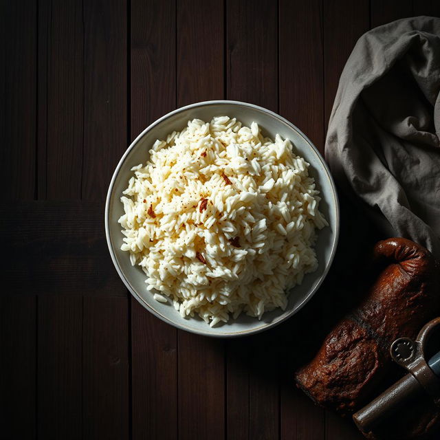 A compelling overhead view designed for a book cover featuring a plate of plain biryani rice beautifully displayed on a rustic wooden table